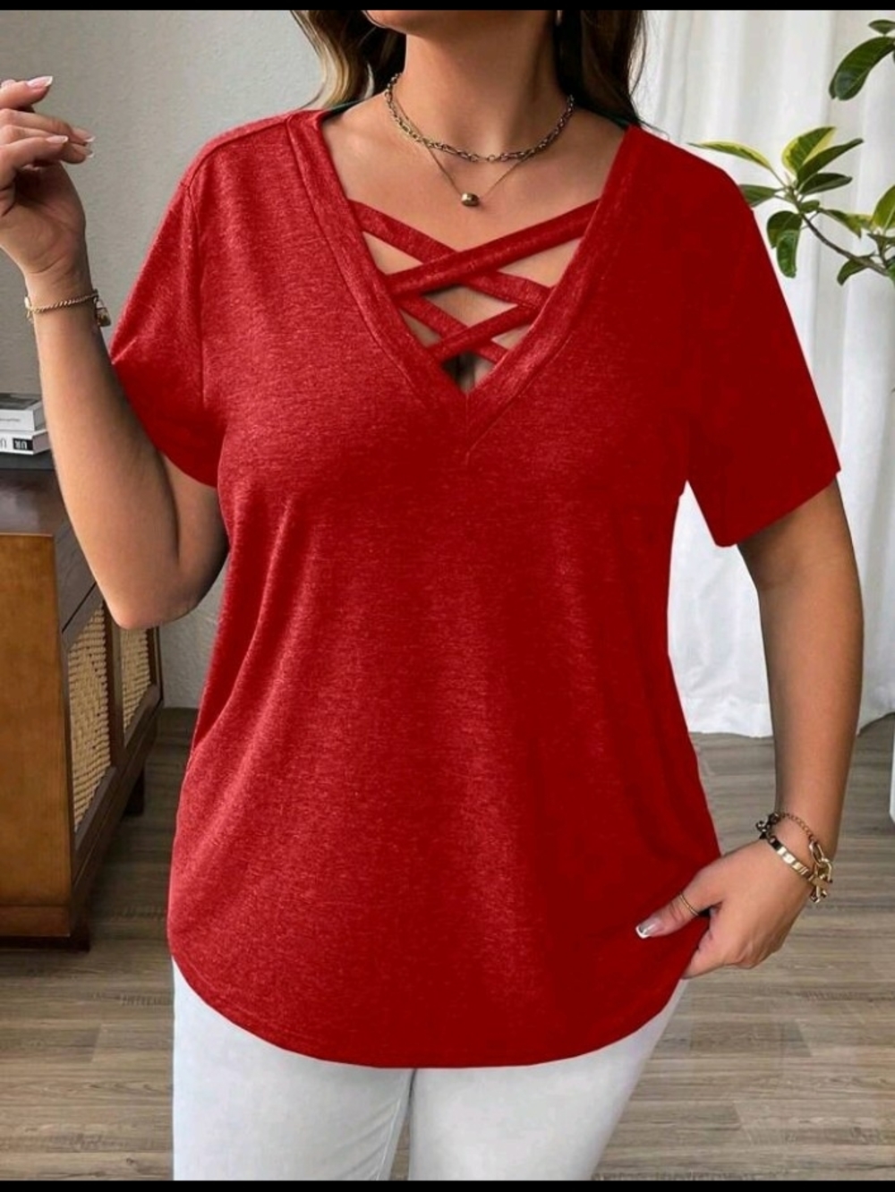 Women's Crisscross V-Neck Short Sleeve Tee - Red - 3XL